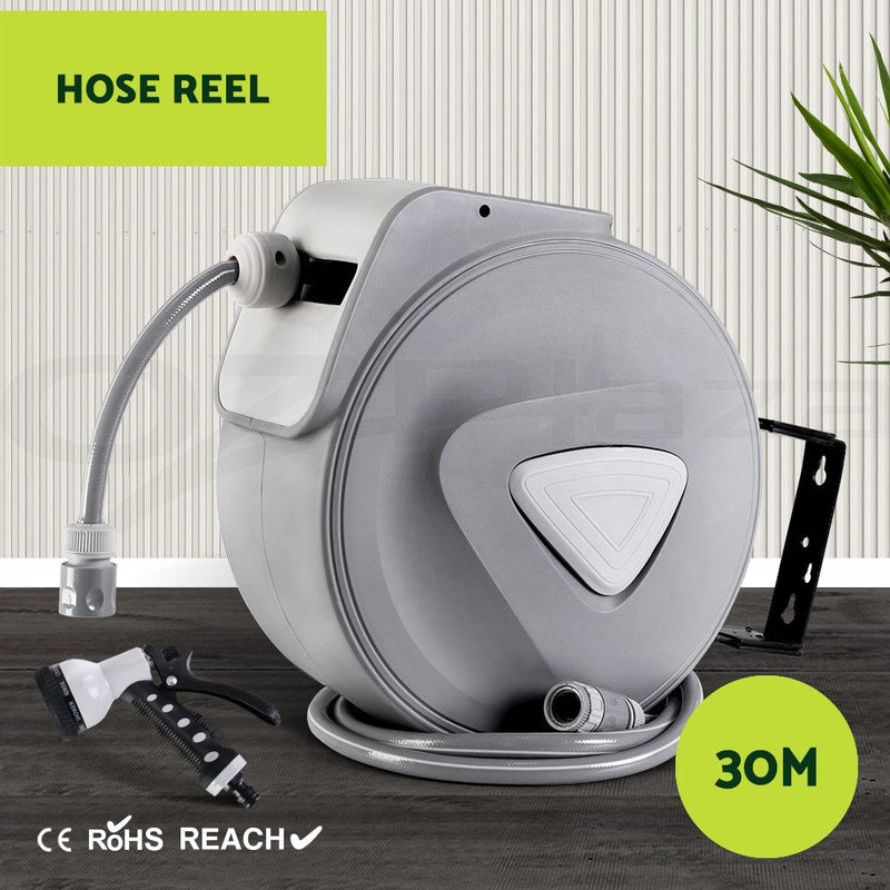 30m Retractable Garden Hose Reel with Brass Spray Gun — EasyGardenTools product photograph