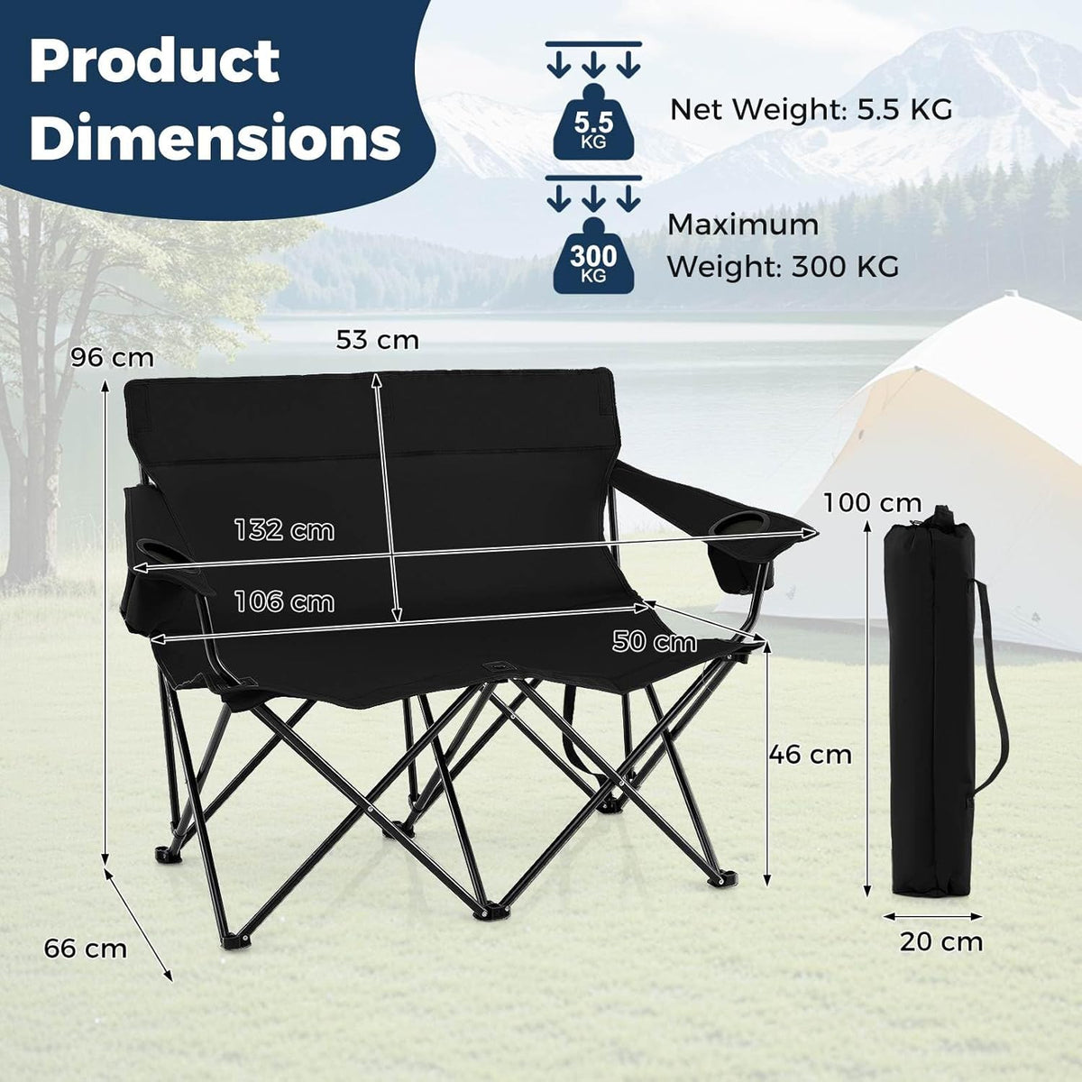 Double Camping Chair, 2-Person Outdoor Folding Love seat