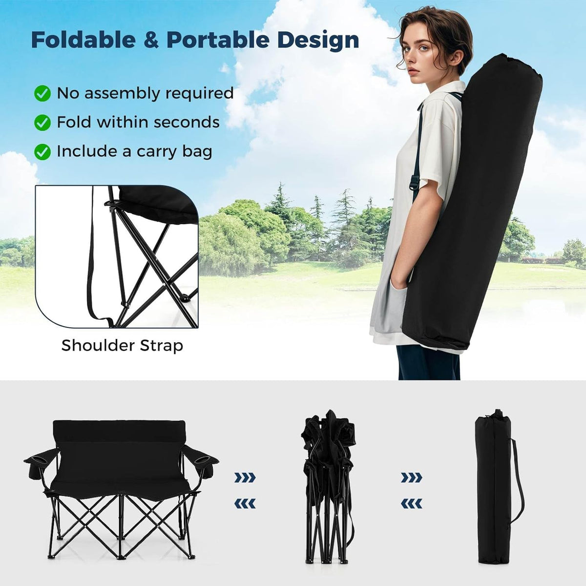 Double Camping Chair, 2-Person Outdoor Folding Love seat