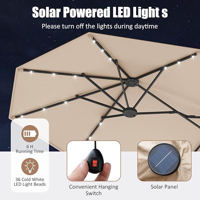 4 m Double-Sided Patio Umbrella with Base & Solar Lights