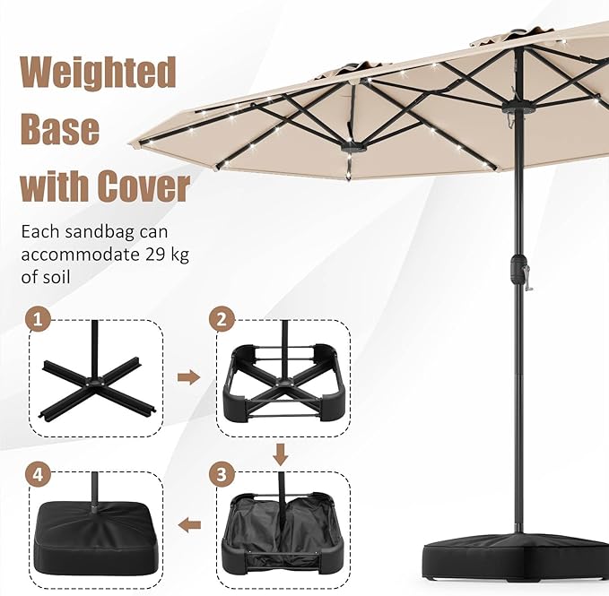 4 m Double-Sided Patio Umbrella with Base & Solar Lights