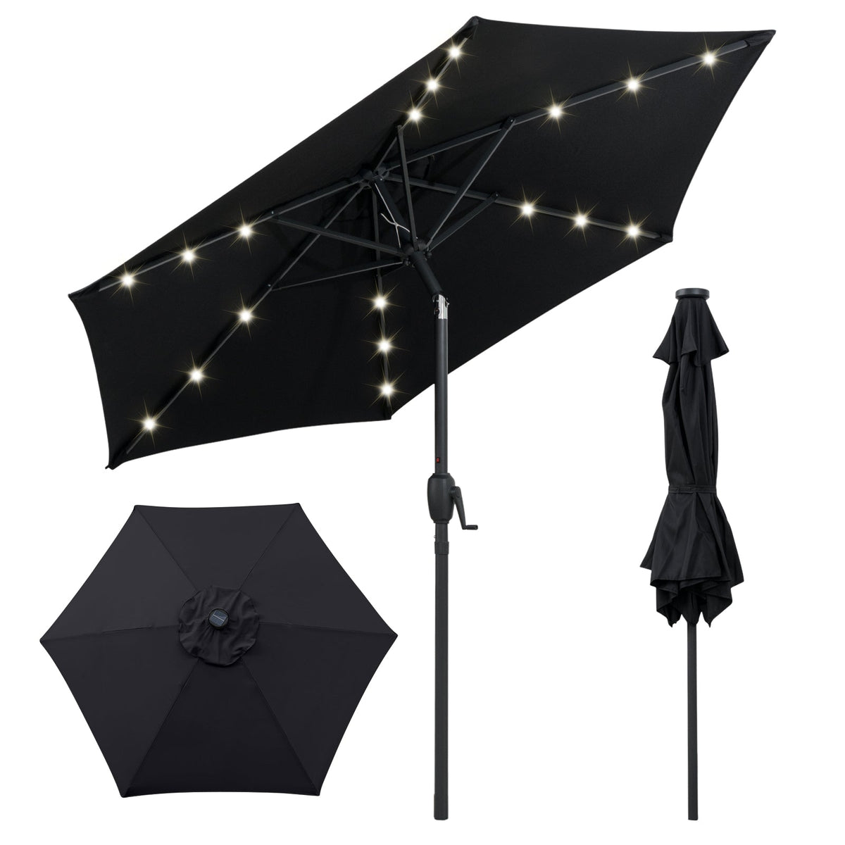 2.3M Solar Powered Patio Umbrella, Outdoor Heavy Duty Market Umbrella w/ LED Lights