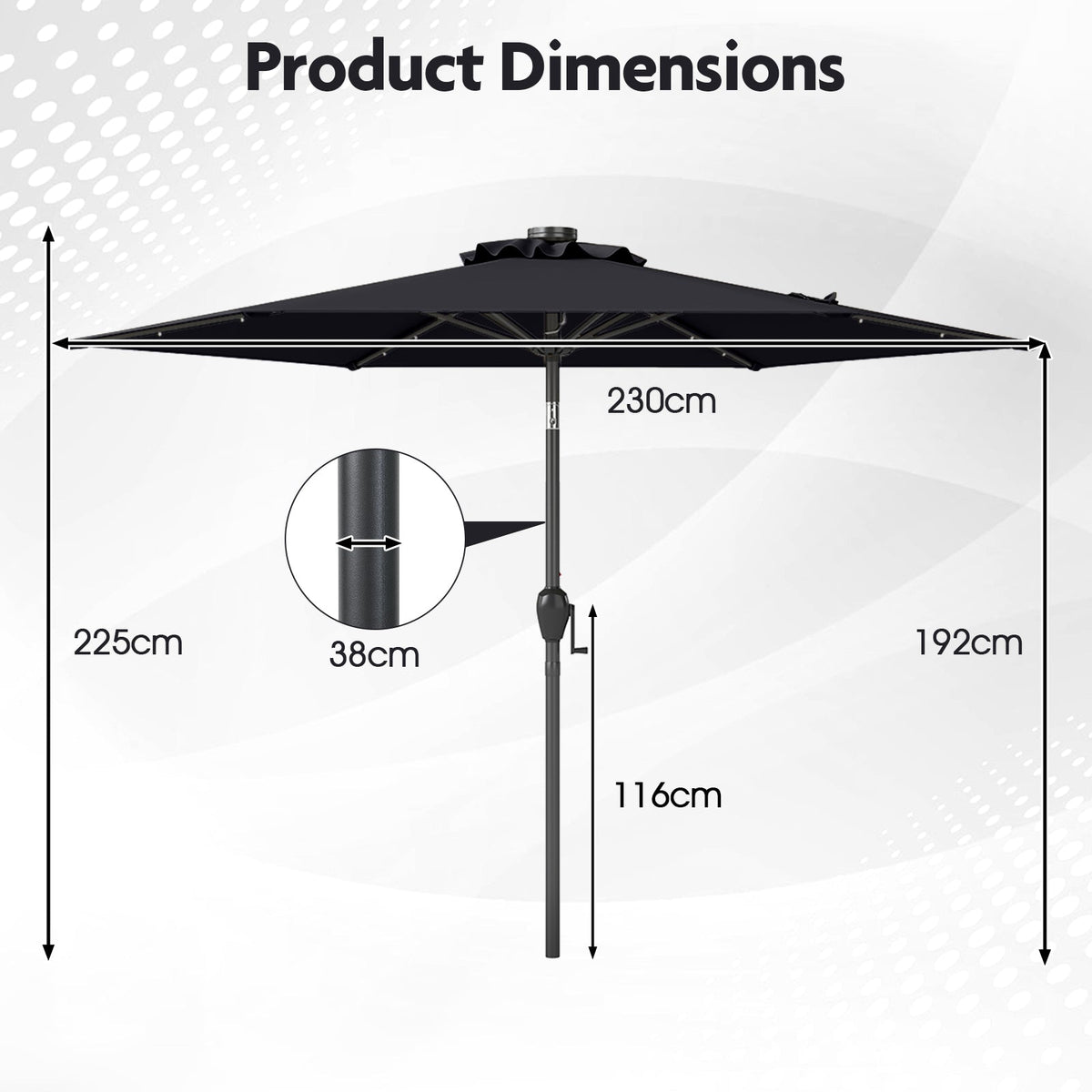 2.3M Solar Powered Patio Umbrella, Outdoor Heavy Duty Market Umbrella w/ LED Lights
