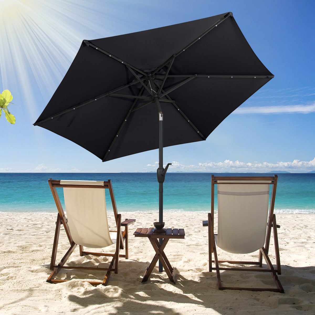 2.3M Solar Powered Patio Umbrella, Outdoor Heavy Duty Market Umbrella w/ LED Lights