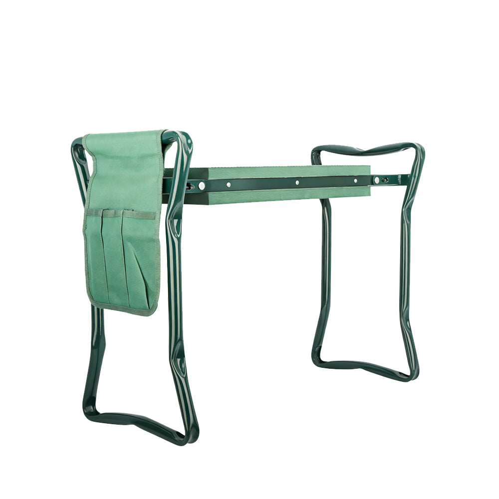 Green folding garden kneeler and seat with side tool pouch