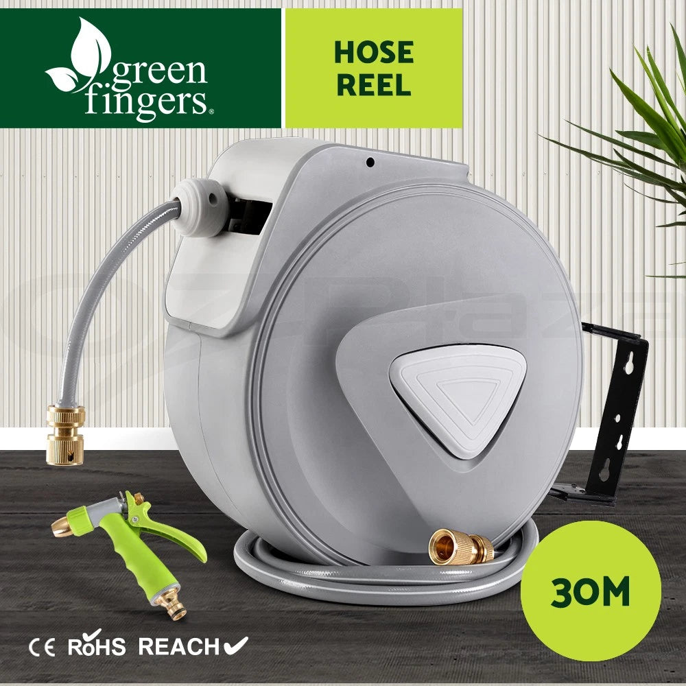 Green Fingers grey 30m retractable garden hose reel and brass spray gun
