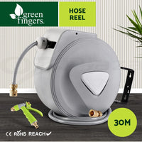 Green Fingers grey 30m retractable garden hose reel and brass spray gun