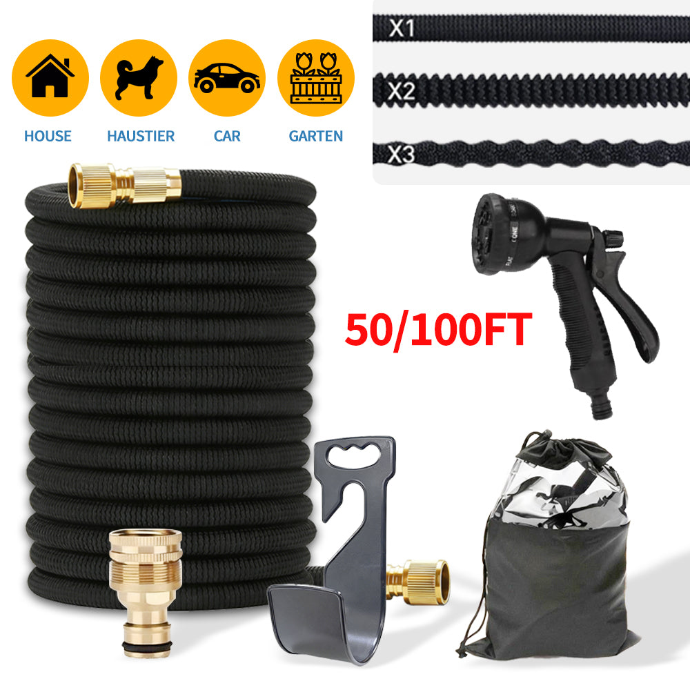 Expandable black garden hose with spray nozzle and fittings — EasyGardenTools product photo 3