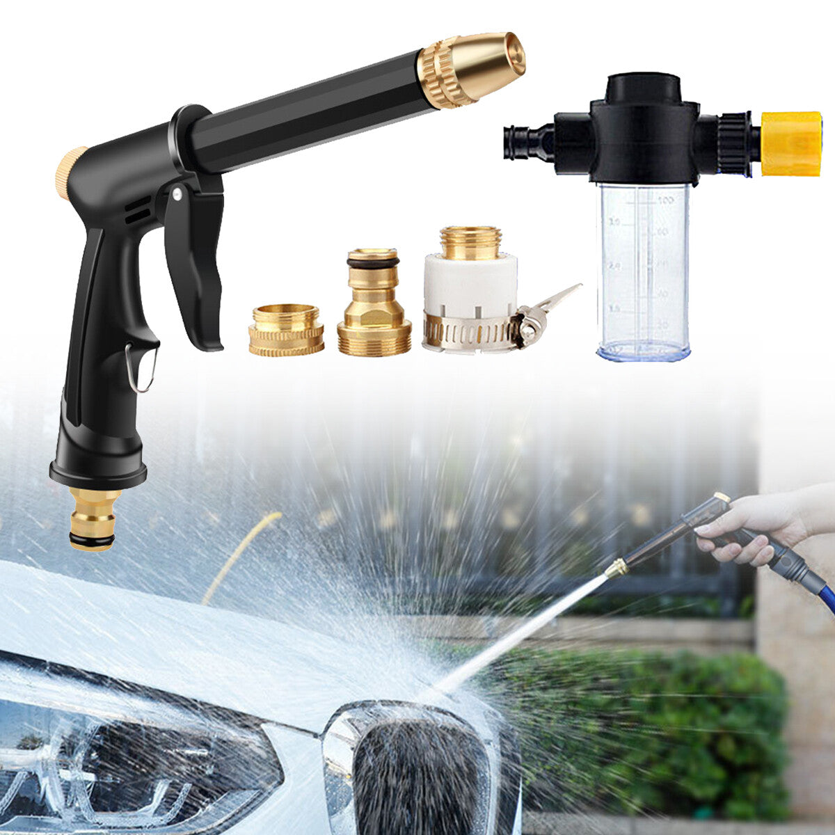 Adjustable Garden Hose Spray Gun & Foam Bottle Kit – product details